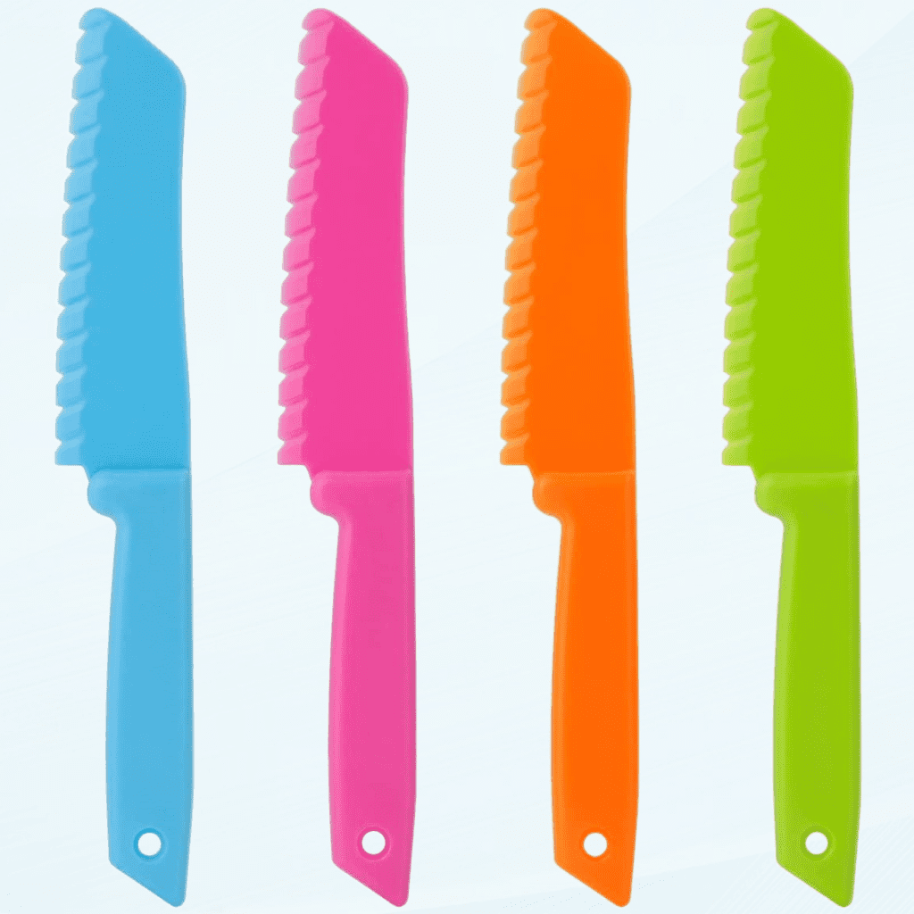 4-Piece Plastic Kitchen Knife Set - Chef Nylon Knife/Children's Cooking Knives, Kids Knife for Fruit, Bread, Cake, Lettuce Knife, Salad Knife and Safe Kitchen Knife(4 Colors)