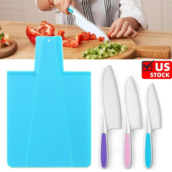 4-Piece Plastic Knife Set for Real Cooking & Baking - Beginner Knives for Cutting Fruits, Veggies, & Cake - Montessori Knive with Serrated Edges - Safe & Fun Lettuce Knife (Blue chopping board)