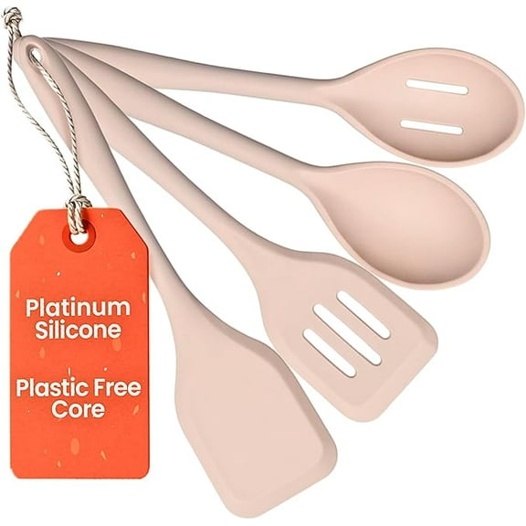4-Piece Platinum Silicone Kitchen Utensil Set  BPA-Free, Stainless Steel Core, Heat Resistant 500F, Non-Stick and Dishwasher Safe Cooking Tools  Beige