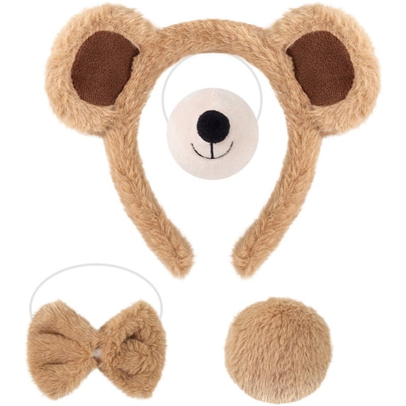 Vjnyvs 4-Piece Plush Khaki Bear Ears Headband Set,Tail, Bow Tie & Nose Kit, Khaki, 1 Set