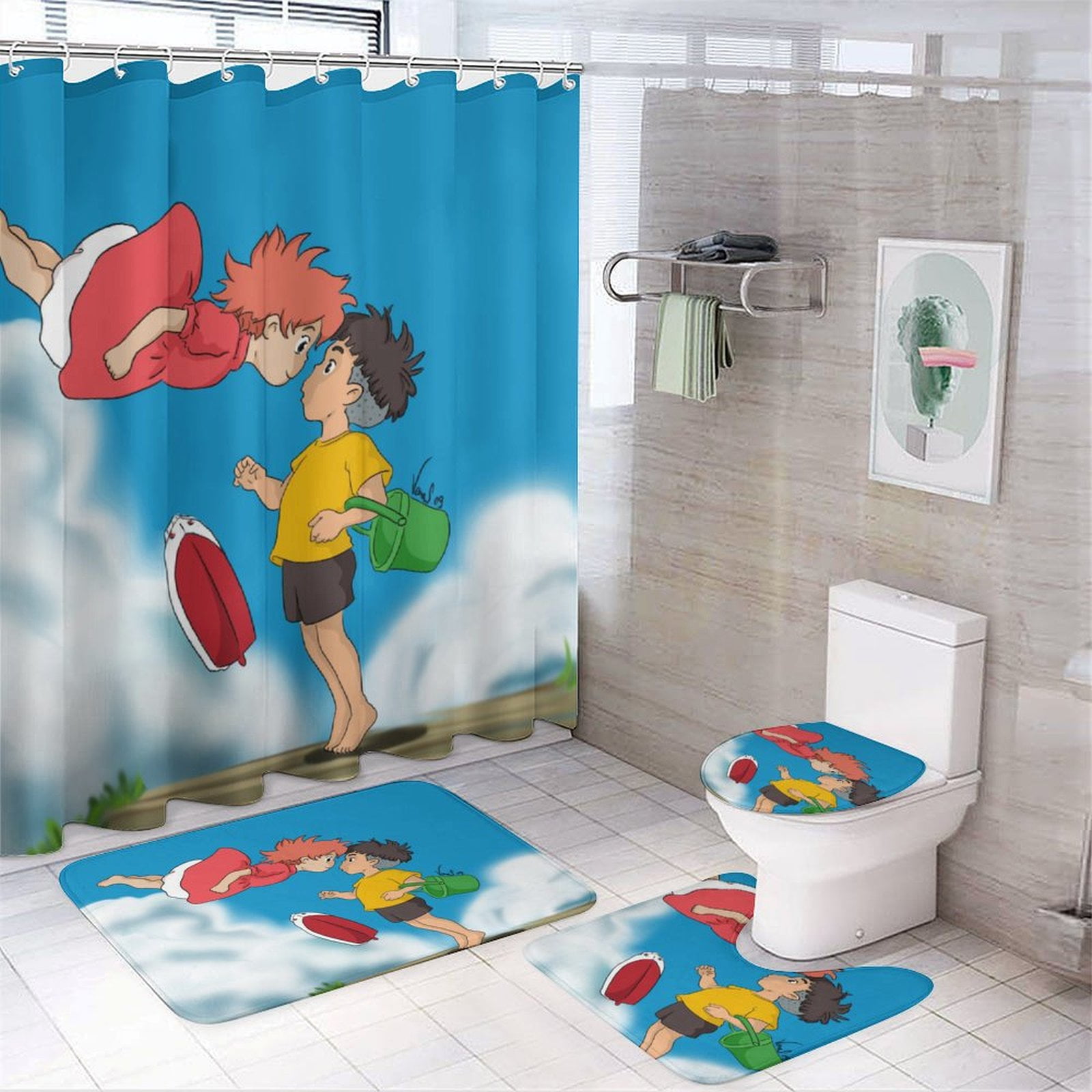 Lofaris Easter Shower Curtain Set – He Is Risen Lamb Design, 4pcs With Non-Slip Rugs & Hooks