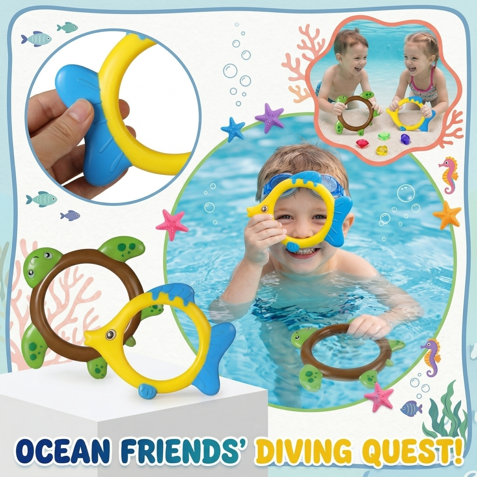4 Piece Pool Dive Rings, Ocean Animal Shape Underwater Retrieval Toys ...