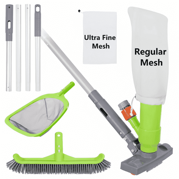 WaterJingle 4-Piece Pool & Spa Maintenance Kit: Jet Vacuum with 57.5" Pole, 13.5" Curved Brush & Semi-Deep Skimmer Net - Venturi Cleaning System for Hot Tubs & Above Ground Pools
