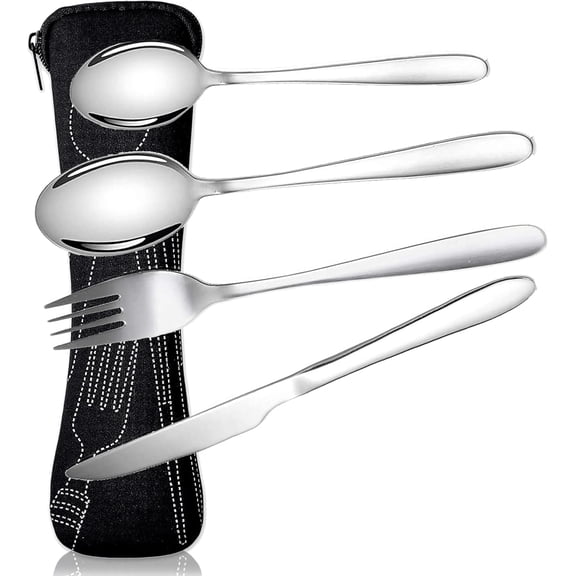 4-Piece Portable Stainless Steel Cutlery Set with Travel Pouch, Reusable Flatware Utensil Kit for Camping, Picnics, and Outdoor Dining