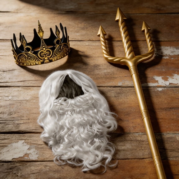 4-Piece Poseidon Costume Set with Wig Beard Trident and Crown for Halloween Cosplay Party