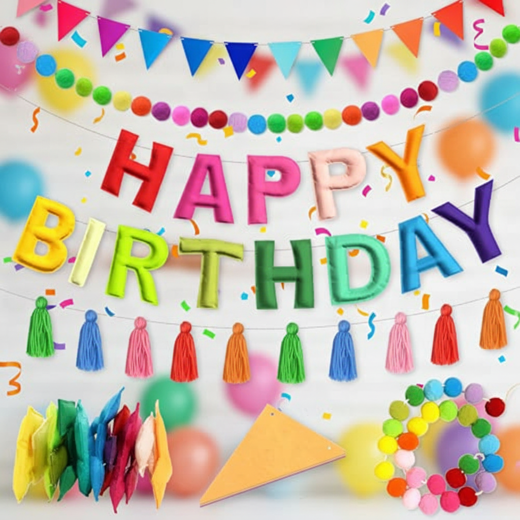 4-Piece Pre-Strung Felt Birthday Banner Garland with Colorful Tassels - Rainbow Party Decorations for Kids Adults Celebrations