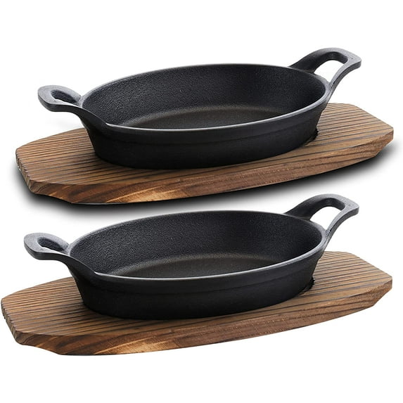 4 Piece Pre-seasoned Cast Iron Fajita Skillets and Steak Sizzle Plates - Oval Mini Server