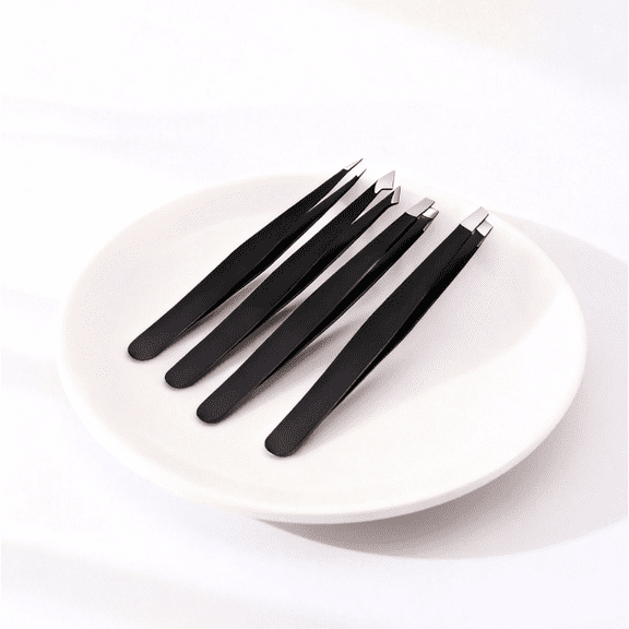 4-Piece Precision Tweezers Set - For Eyebrows, Ingrown Hairs & Facial Grooming