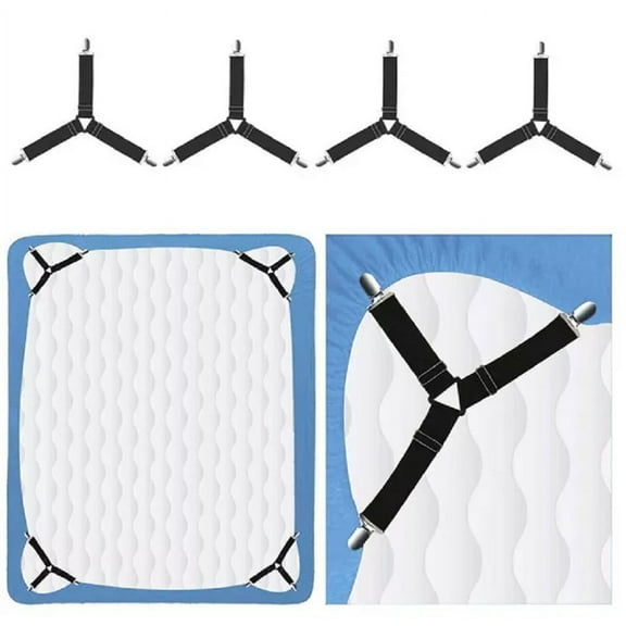 4-Piece Premium Bed Sheet Holder Straps  Black Fitted Sheet Clips, Upgraded Triangle Fasteners, Elastic Adjustable Straps for Full, Queen, King & Twin Mattresses TIKA