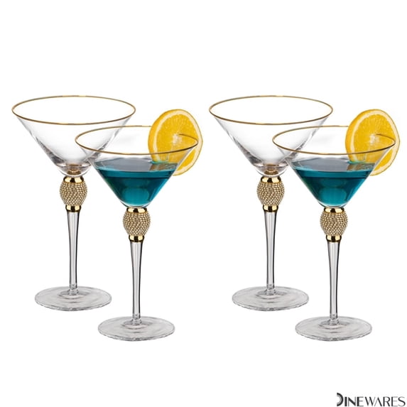4 Piece Premium Clear Stem Crystal Martini Glasses with Gold Rim and Diamond-like Rhinestones, Elegant 10oz Glassware Set for Cosmopolitan, Vodka, Gin and Other Cocktails, Fancy Manhattan Drinkware