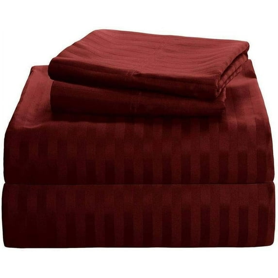 4 Piece Premium Sheet Set Cotton Full-XL Size Cotton, 100% Egyptian Cotton 500 Thread Count, 18 Inch Deep Pocket of Cotton Sheets - Burgundy Stripe.
