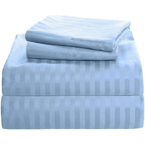 4 Piece Premium Sheet Set Cotton Twin Size Cotton, 100% Egyptian Cotton 500 Thread Count, 12 Inch Deep Pocket of Cotton Sheets - Light Blue Stripe.