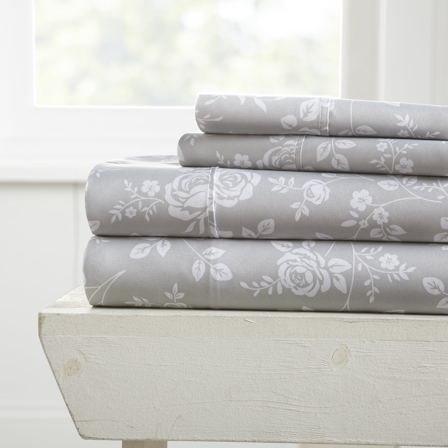 Twin Light Gray Rose Print Cotton Microfiber Sheet Set