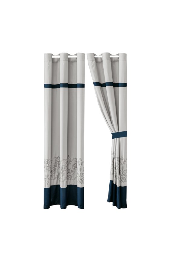 4-Piece Prince Curtain Set Drape Sheer Liner|French Lily Fleur-de-lis Floral Damask Embroidery Stripe|Gray Blue|Grommet
