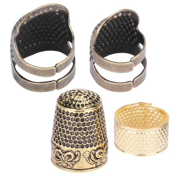 4-Piece Professional Brass Sewing Thimble Set with Adjustable Fingertip Protectors and Ring Shield - Durable Handworking Needlework Comfort Guard (1 in / 2.54 cm)