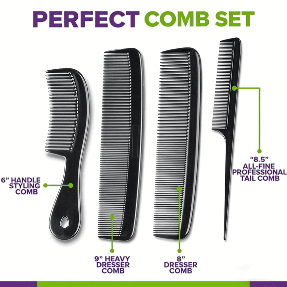 4 Piece Professional Comb Set Black Fine Pro Tail Combs, Dresser Hair Comb Styling Comb - Premium Grade for Men and Women - Parting Teasing and Styling