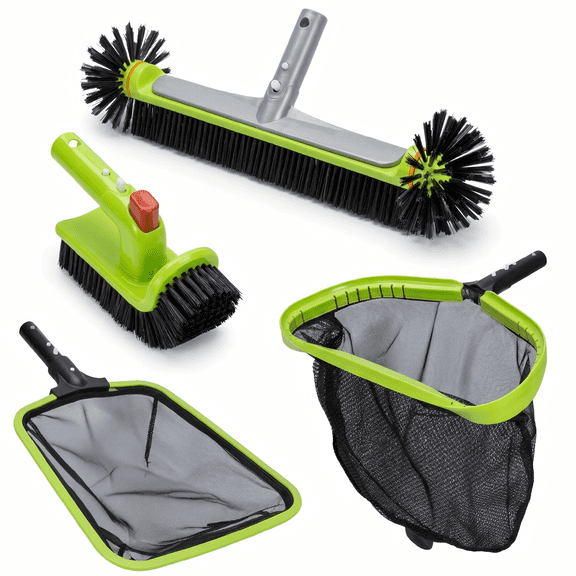 WaterJingle 4-Piece Professional Pool Cleaning Kit - Heavy Duty Aluminum Skimmer Net, 17.5" Round Corner Brush, Semi-Deep Leaf Rake & 90° Rotatable Scrub Brush for Inground & Above Ground Pools