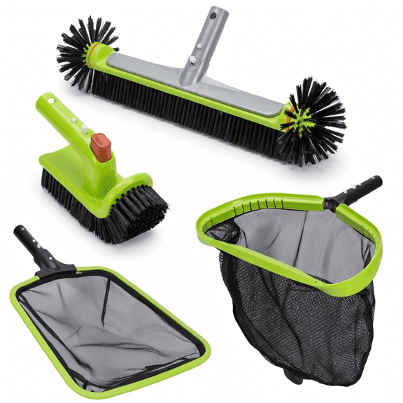 WaterJingle 4-Piece Pool Cleaning Kit with Skimmer Net, Leaf Rake & 90 Degree Brush