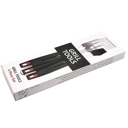4 Piece Professional Tool Set - Set Includes Stainless Steel Spatula, Tongs, Busting Brush And Fork With Rubber Grips