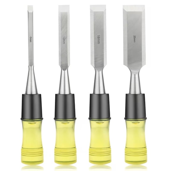 4-Piece Professional Woodworking Chisel Set - CR-V Steel Blades with Safety Caps, Durable PVC Handles for Fine Carving and DIY Projects