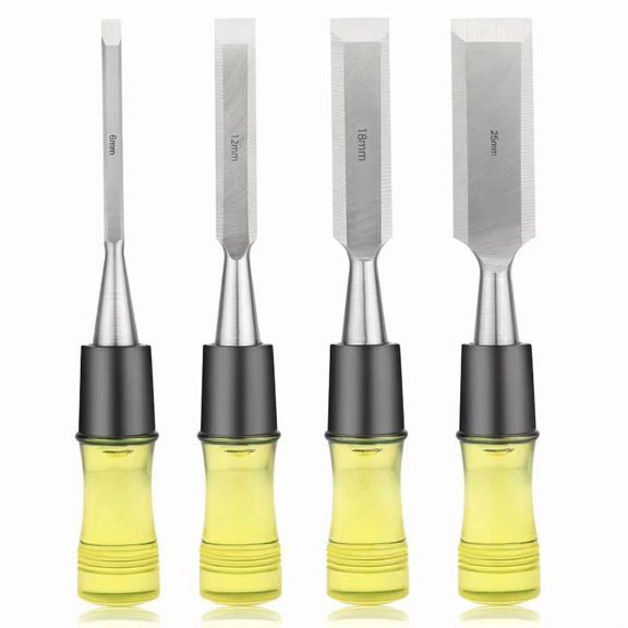 4-Piece Professional Woodworking Chisel Set - Durable CR-V Steel Blades with Ergonomic PVC Handles for Fine Carving and DIY Projects