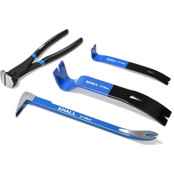 4-Piece Pry Bar Set, 12-Inch Cats Paw Nail Puller, 10-Inch & 7.5-Inch Flat Claw Pry Bars, 8-Inch End Cutting Pliers, Utility Wonder Crowbar, Nail Remover Tool for Baseboard, Floor, Nails Removal