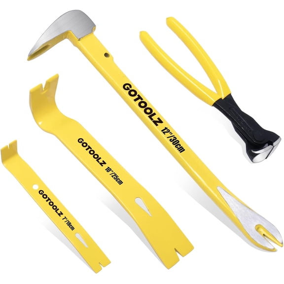 4-Piece Pry Bar Set, 12-Inch Utility Claw Pry Bar, 10-Inch & 7.5-Inch Flat Pry Bars Crowbar Claw, 8-Inch End Cutting Pliers, Nail Remover Tool for Baseboard, Floor, Nails Removal (Yellow 2026)