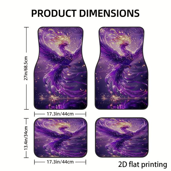 4-Piece Purple Phoenix Feather Wings Light Shadow Pattern Material Car Floor Mats, Universal Fit Polyester All Weather Auto Floor Liners for Cars Trucks Suvs, Anti-Slip Easy Clean Interior Set