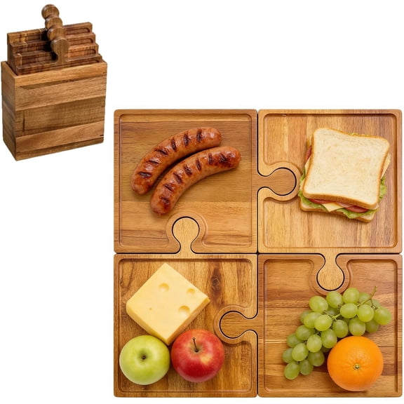 4-Piece Puzzle Charcuterie Board Set with Storage Box - Interlocking Wooden Cheese Board & Appetizer Serving Tray(1 set)-dh