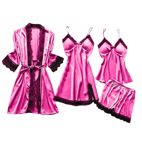 4 Piece Pyjamas Set Women Satin Silk Pajamas Kimono Robe Lace Cami Tops Shorts Pants Nightdress Bathrobe Pjs Sets Sleepwear Soft Comfy Loungewear Ladies Nightwear Underwear Home Wear Hot Pink XXXL