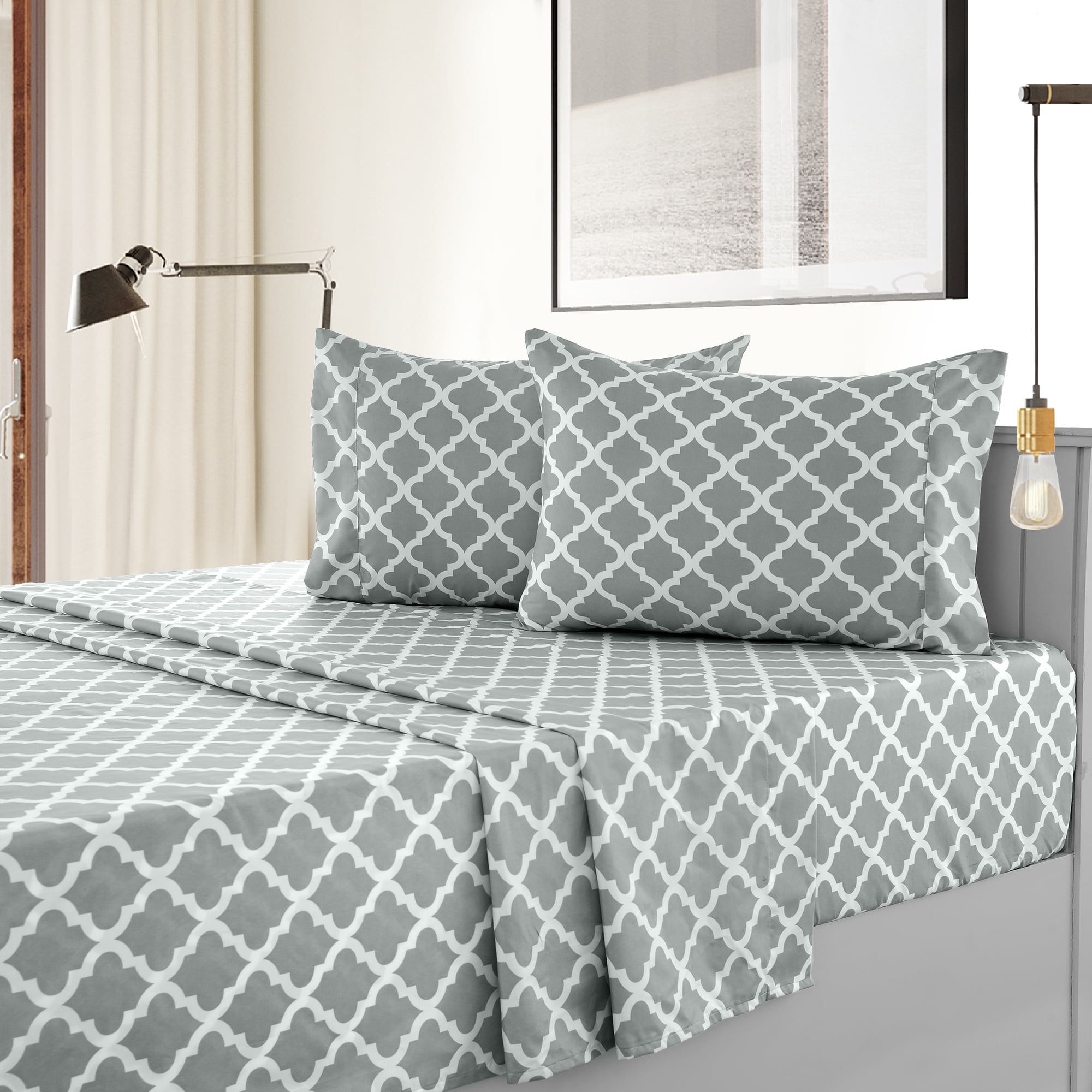 4 Piece Quatrefoil Printed Bed Sheets Set, Cal King Sheets Clearance