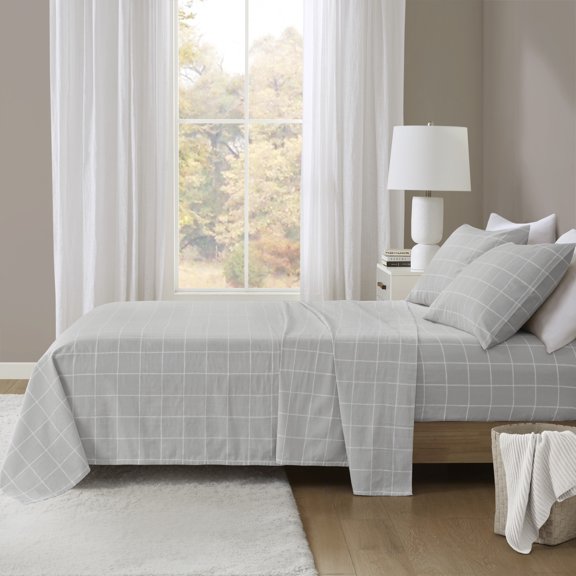 4-Piece Queen 100% Cotton Flannel Printed Sheet Set,Grey Windowpane