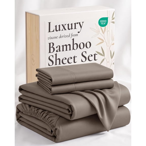 4 Piece Queen Bed Sheet Set 100% Viscose from Bamboo Cooling Breathable Moisture Wicking Silky Soft Sand