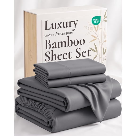 4 Piece Queen Bed Sheet Set in Dark Gray Made from 100% Viscose Derived from Bamboo