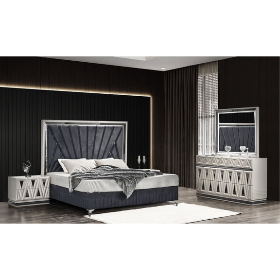 4-Piece Queen Bedroom Combination Set | LED-Lit Headboard and Beveled Mirror Accent | Wood and MDF Materials | Helps with Bedroom Organization and Style Enhancement