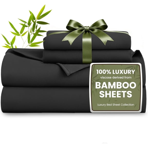 4 Piece Queen Sheet Set 100% Rayon from Bamboo Cooling Breathable Soft Deep Pocket up to 16 Inches Black
