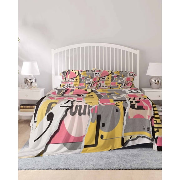4 Piece Queen Sheet Set Abstract Art Sheets Set for Queen Size Bed, Breathable Soft Microfiber Bed Sheets Cooling Pink Yellow Collage Art Torn Paper Pieces Fitted Sheet Deep Pocket, Pillowcases