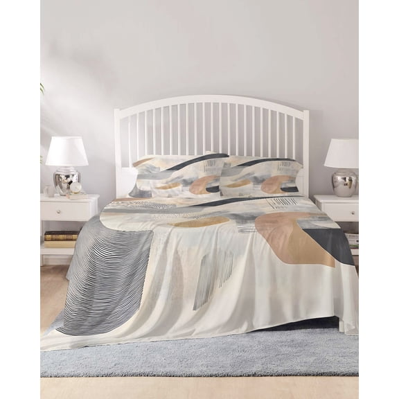 4 Piece Queen Sheet Set Abstract Geometric Sheets Set for Queen Size Bed, Breathable Soft Microfiber Bed Sheets Cooling Simple Color Blocks Brown Beige Fitted Sheet Deep Pocket, Pillowcases