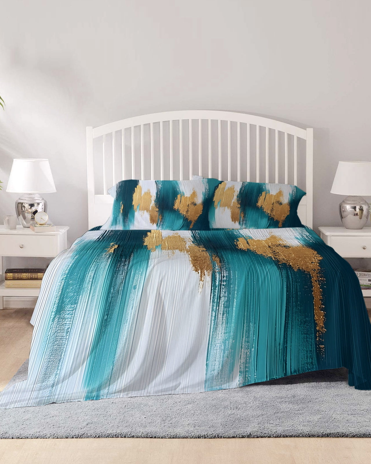 4 Piece Queen Sheet Set Abstract Teal Gold Sheets Set for Queen Size ...