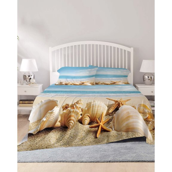 4 Piece Queen Sheet Set Beach Coastal Sheets Set for Queen Size Bed, Breathable Soft Microfiber Bed Sheets Cooling Summer Seaside Shell Starfish Nautical Fitted Sheet Deep Pocket, Pillowcases