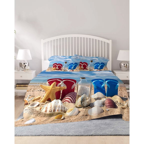 4 Piece Queen Sheet Set Beach Slippers Sheets Set for Queen Size Bed, Breathable Soft Microfiber Bed Sheets Cooling Ocean Coastal Starfish Shell Summer Sand Fitted Sheet Deep Pocket, Pillowcases