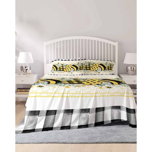 4 Piece Queen Sheet Set Bee Daisy Sheets Set for Queen Size Bed, Breathable Soft Microfiber Bed Sheets Cooling Eucalyptus Leaves Botanical Love Plaid Fitted Sheet Deep Pocket, Pillowcases