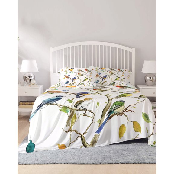 4 Piece Queen Sheet Set Bird Leaf Sheets Set for Queen Size Bed, Breathable Soft Microfiber Bed Sheets Cooling Spring Summer Tree Branch Farmhouse Retro Fitted Sheet Deep Pocket, Pillowcases