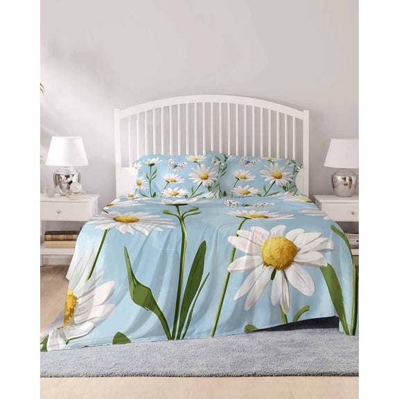 4 Piece Queen Sheet Set Blue Daisy Flower Sheets Set for Queen Size Bed, Breathable Soft Microfiber Bed Sheets Cooling White Farmhouse Floral Spring Fitted Sheet Deep Pocket, Pillowcases