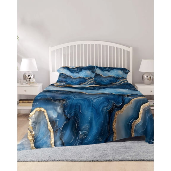 4 Piece Queen Sheet Set Blue Marble Sheets Set for Queen Size Bed, Breathable Soft Microfiber Bed Sheets Cooling Contemporary Abstract Golden Foil Texture Fitted Sheet Deep Pocket, Pillowcases