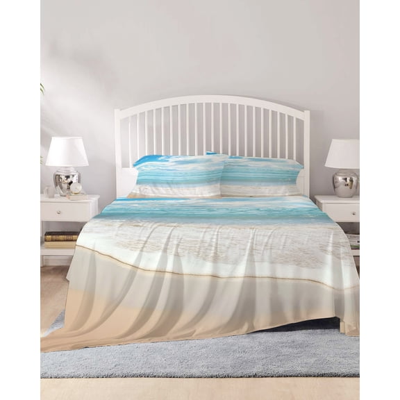 4 Piece Queen Sheet Set Blue Ocean Sheets Set for Queen Size Bed, Breathable Soft Microfiber Bed Sheets Cooling Coastal Sea Beach Shore Sky Waves Scenery Fitted Sheet Deep Pocket, Pillowcases