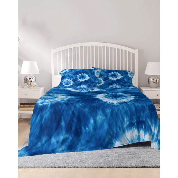 4 Piece Queen Sheet Set Blue Tie Dye Sheets Set for Queen Size Bed, Breathable Soft Microfiber Bed Sheets Cooling Boho Ethnic Abstract Ombre Pattern Art Fitted Sheet Deep Pocket, Pillowcases