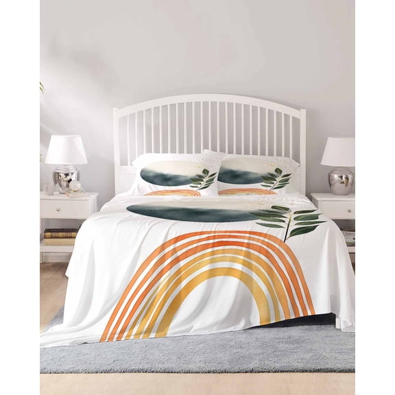 4 Piece Queen Sheet Set Boho Botanical Leaves Sheets Set for Queen Size Bed, Breathable Soft Microfiber Bed Sheets Cooling Modern Abstract Art Stripe Circle Fitted Sheet Deep Pocket, Pillowcases