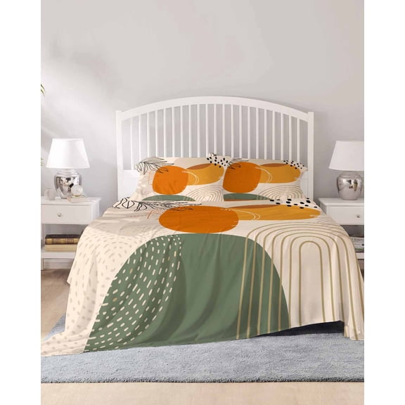 4 Piece Queen Sheet Set Boho Geometric Sheets Set for Queen Size Bed, Breathable Soft Microfiber Bed Sheets Cooling Middle Century Abstract Leaves Stripes Fitted Sheet Deep Pocket, Pillowcases