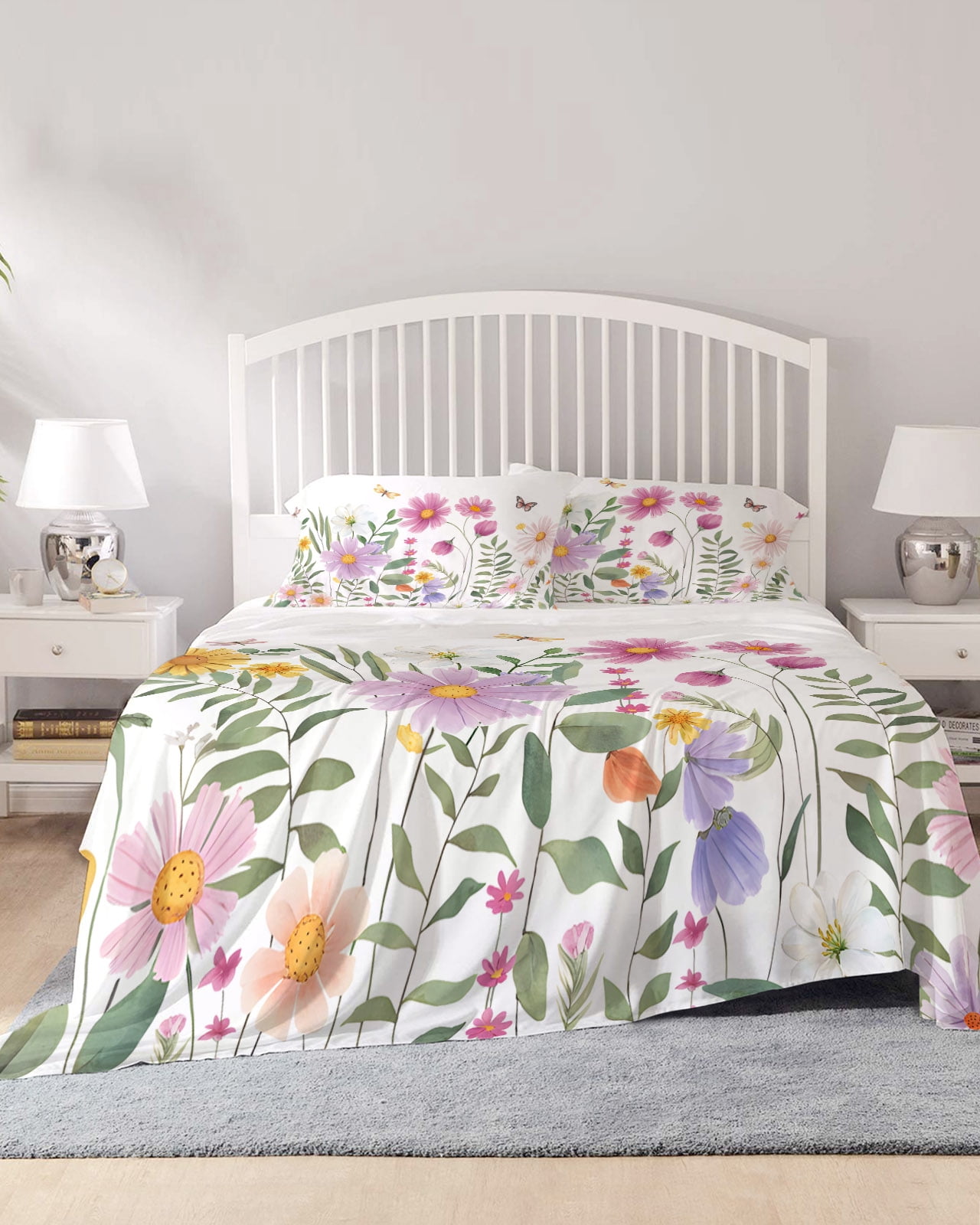 4 Piece Queen Sheet Set Botanical Floral Sheets Set for Queen Size Bed ...
